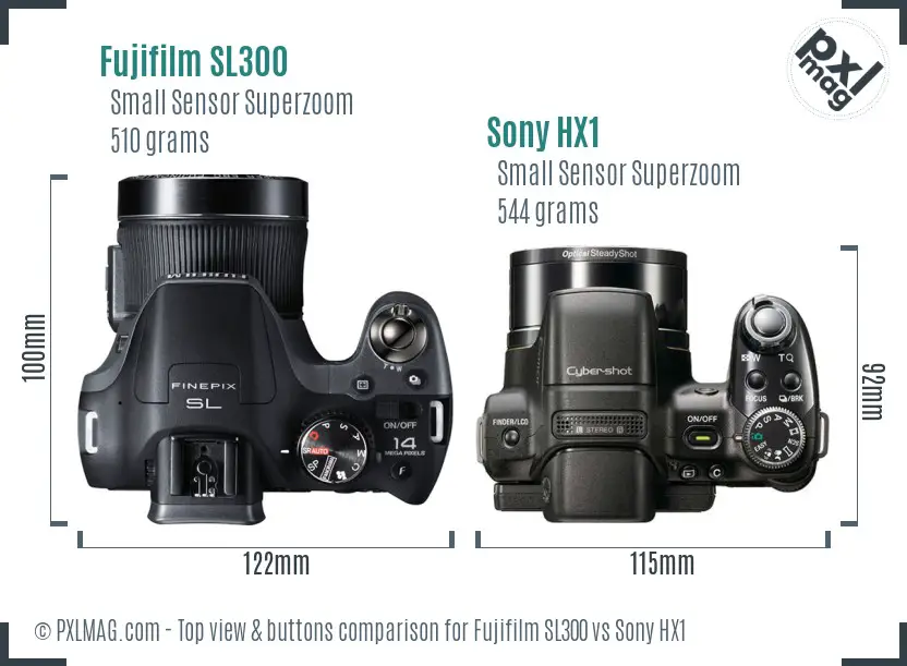 Fujifilm SL300 vs Sony HX1 top view buttons comparison