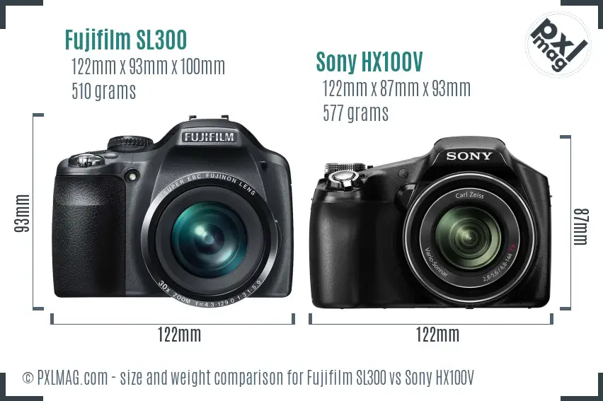 Fujifilm SL300 vs Sony HX100V size comparison