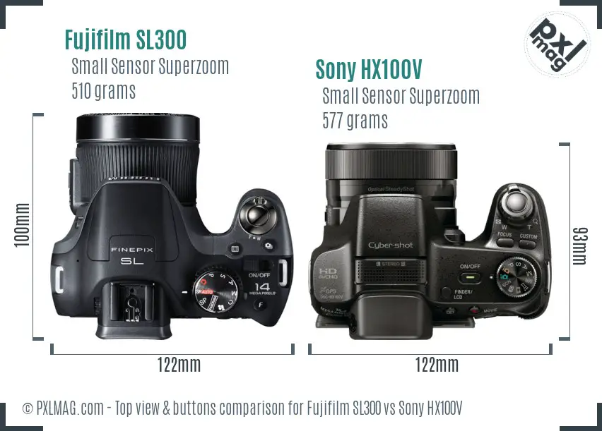 Fujifilm SL300 vs Sony HX100V top view buttons comparison