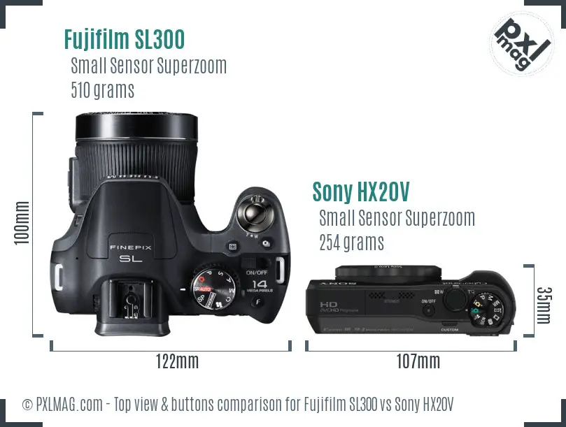 Fujifilm SL300 vs Sony HX20V top view buttons comparison