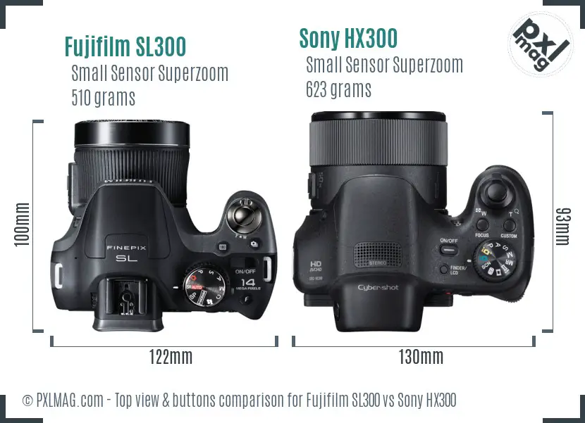 Fujifilm SL300 vs Sony HX300 top view buttons comparison