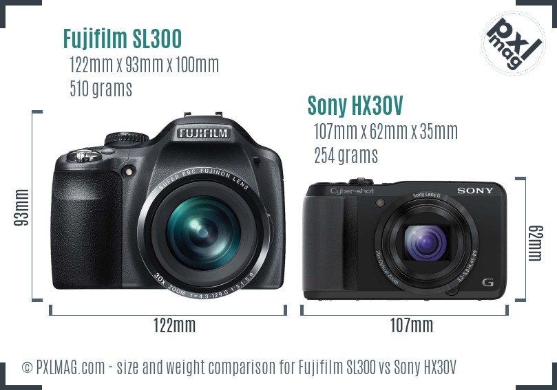 Fujifilm SL300 vs Sony HX30V size comparison