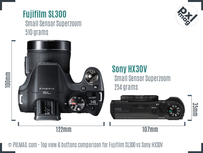 Fujifilm SL300 vs Sony HX30V top view buttons comparison