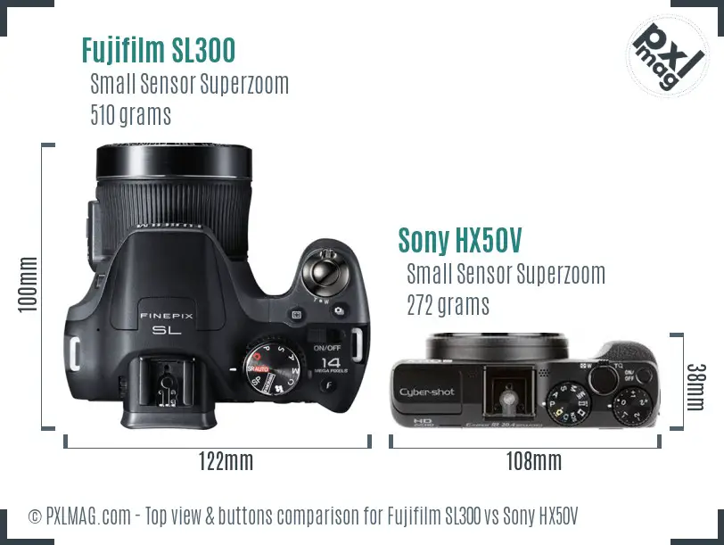 Fujifilm SL300 vs Sony HX50V top view buttons comparison
