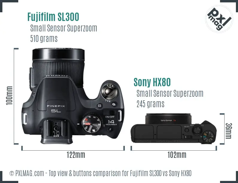 Fujifilm SL300 vs Sony HX80 top view buttons comparison