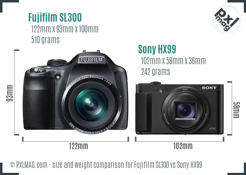 Fujifilm SL300 vs Sony HX99 size comparison