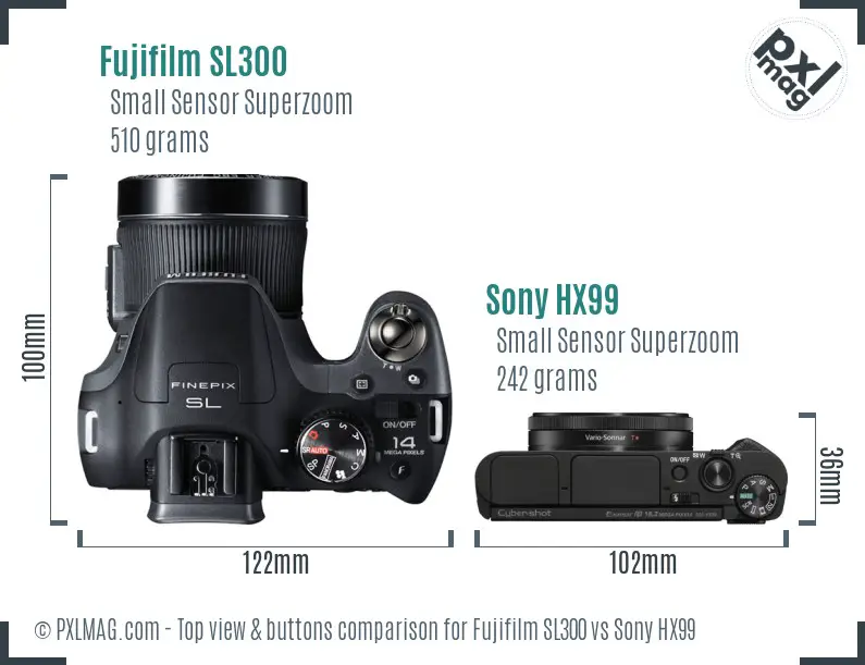 Fujifilm SL300 vs Sony HX99 top view buttons comparison
