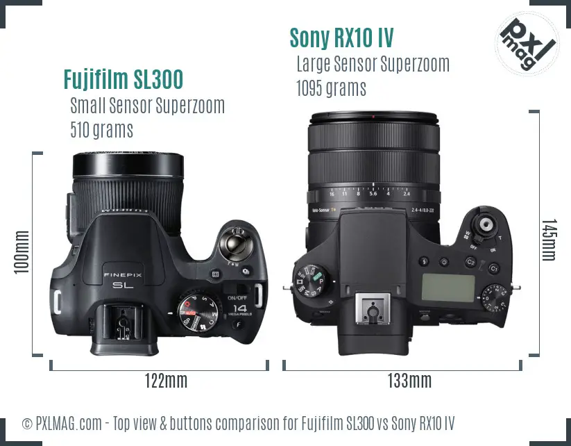 Fujifilm SL300 vs Sony RX10 IV top view buttons comparison