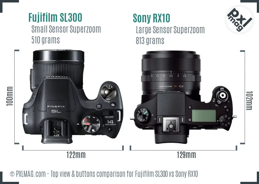 Fujifilm SL300 vs Sony RX10 top view buttons comparison