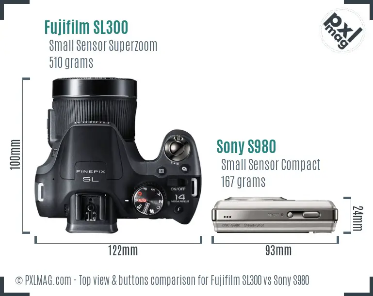 Fujifilm SL300 vs Sony S980 top view buttons comparison