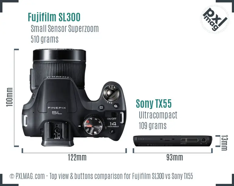 Fujifilm SL300 vs Sony TX55 top view buttons comparison