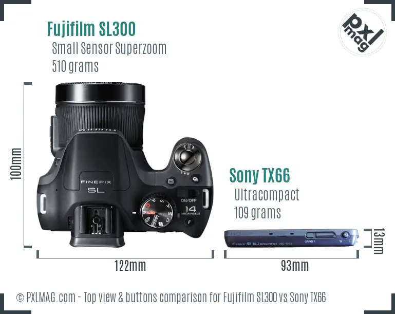 Fujifilm SL300 vs Sony TX66 top view buttons comparison