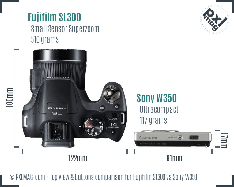Fujifilm SL300 vs Sony W350 top view buttons comparison