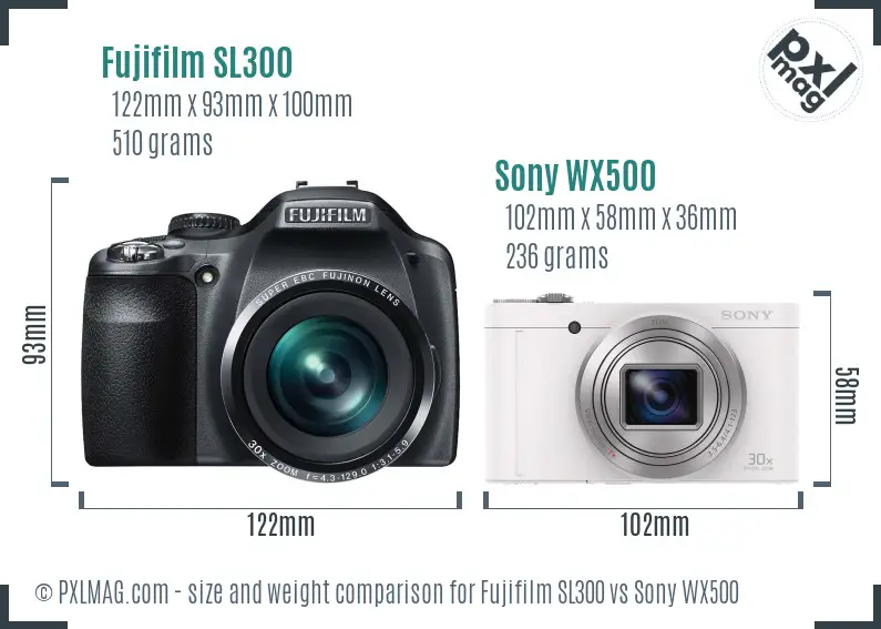 Fujifilm SL300 vs Sony WX500 size comparison