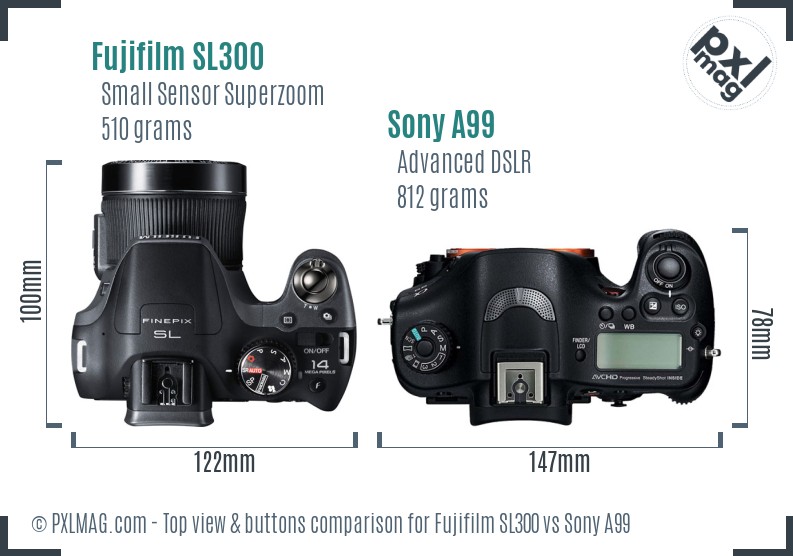Fujifilm SL300 vs Sony A99 top view buttons comparison