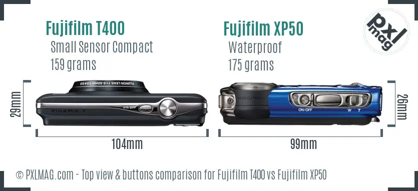 Fujifilm T400 vs Fujifilm XP50 top view buttons comparison