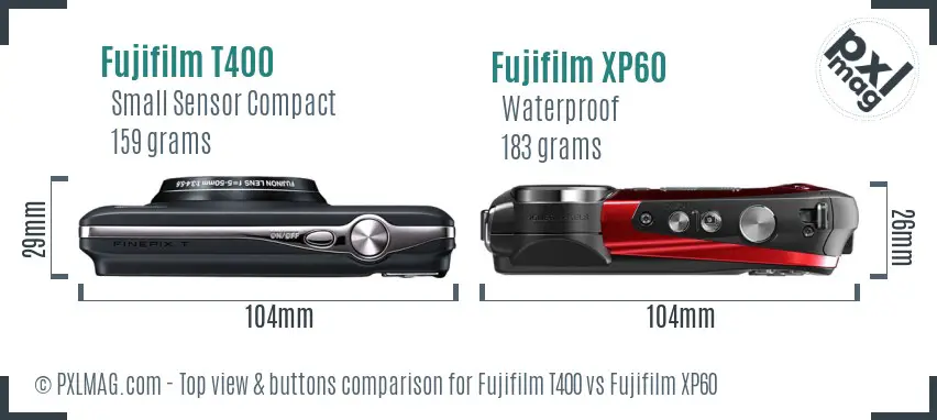 Fujifilm T400 vs Fujifilm XP60 top view buttons comparison