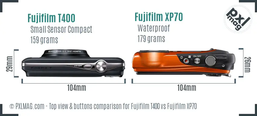Fujifilm T400 vs Fujifilm XP70 top view buttons comparison