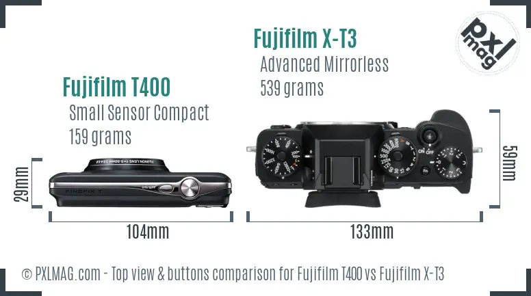 Fujifilm T400 vs Fujifilm X-T3 top view buttons comparison