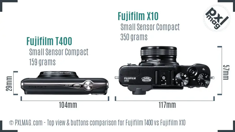 Fujifilm T400 vs Fujifilm X10 top view buttons comparison