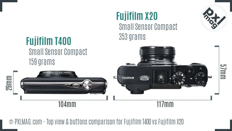 Fujifilm T400 vs Fujifilm X20 top view buttons comparison