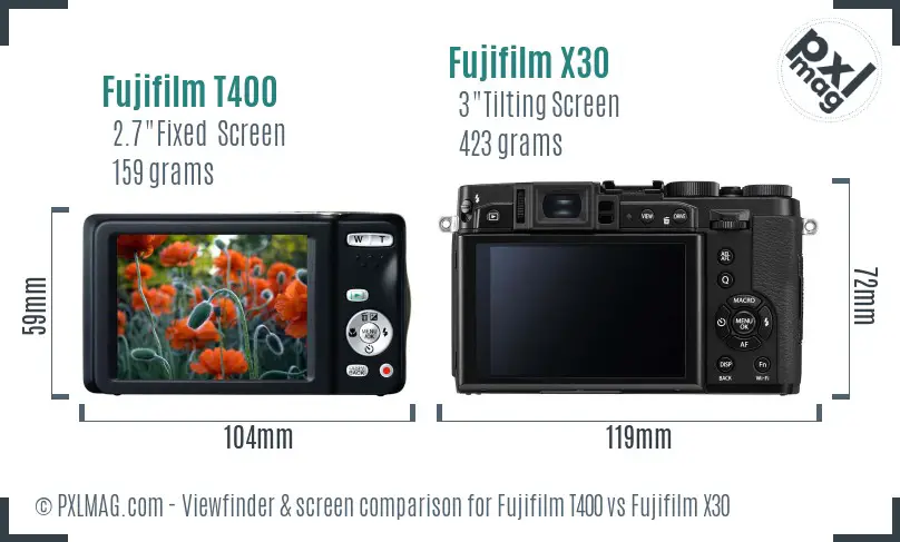 Fujifilm T400 vs Fujifilm X30 Screen and Viewfinder comparison