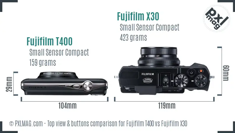 Fujifilm T400 vs Fujifilm X30 top view buttons comparison