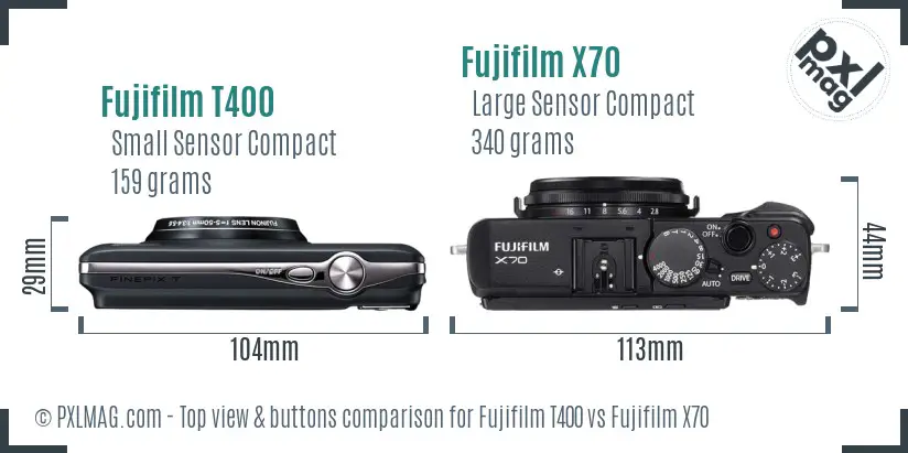 Fujifilm T400 vs Fujifilm X70 top view buttons comparison
