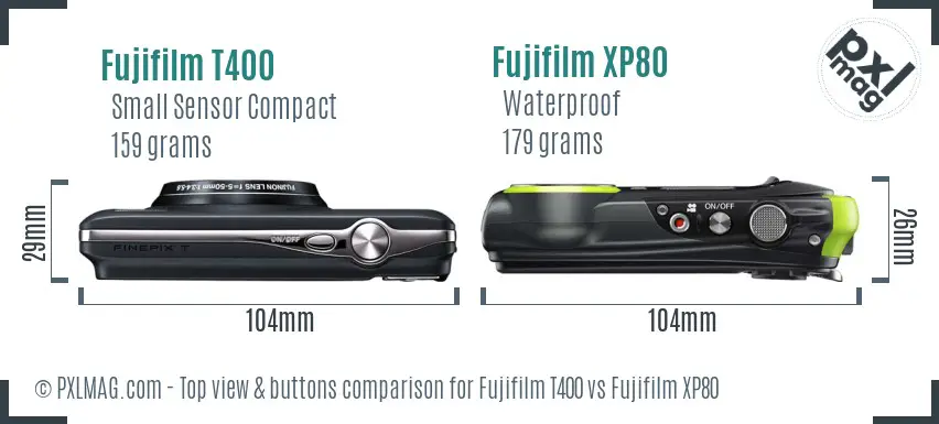 Fujifilm T400 vs Fujifilm XP80 top view buttons comparison