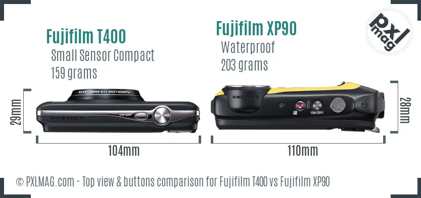 Fujifilm T400 vs Fujifilm XP90 top view buttons comparison