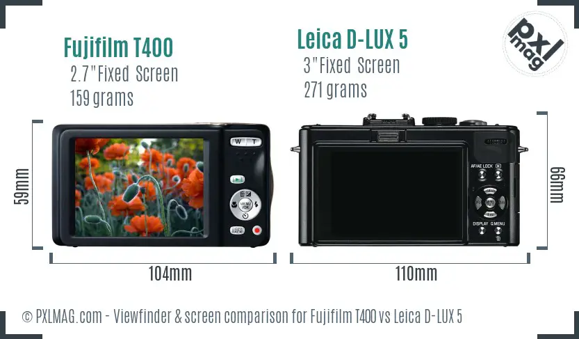 Fujifilm T400 vs Leica D-LUX 5 Screen and Viewfinder comparison