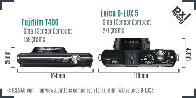 Fujifilm T400 vs Leica D-LUX 5 top view buttons comparison