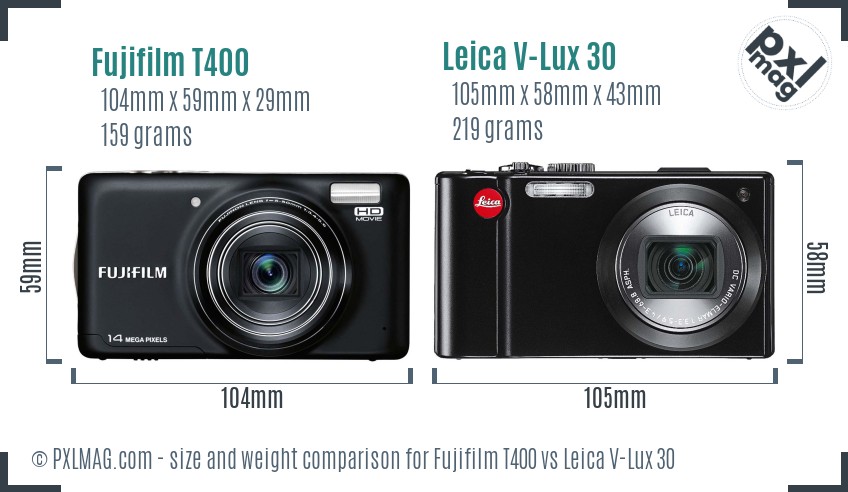 Fujifilm T400 vs Leica V-Lux 30 size comparison