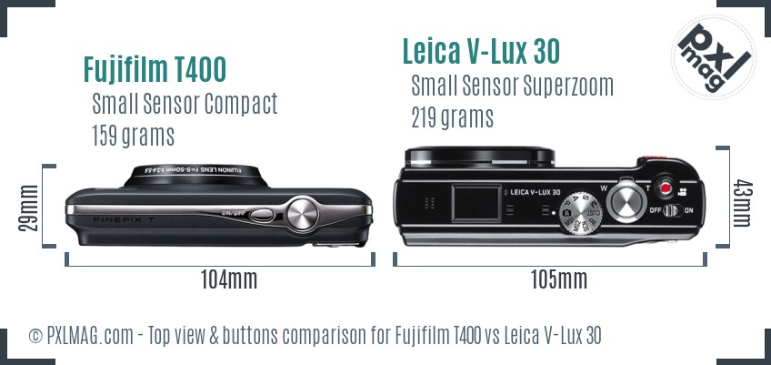 Fujifilm T400 vs Leica V-Lux 30 top view buttons comparison