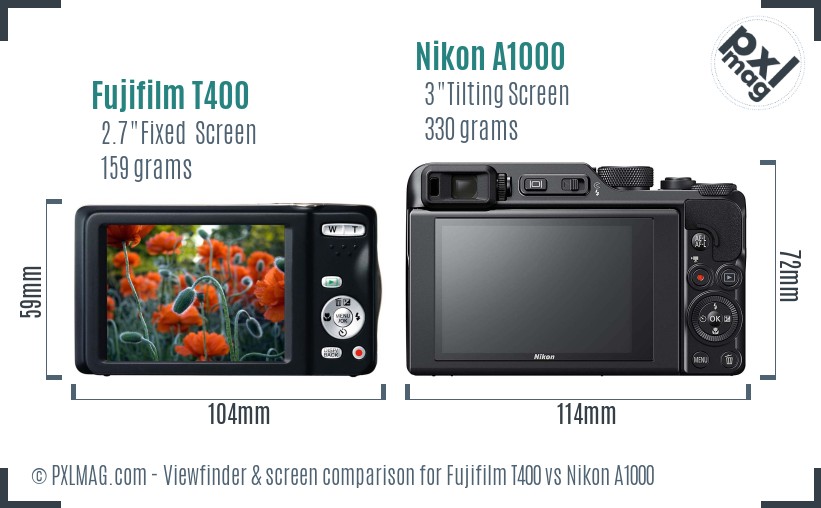 Fujifilm T400 vs Nikon A1000 Screen and Viewfinder comparison