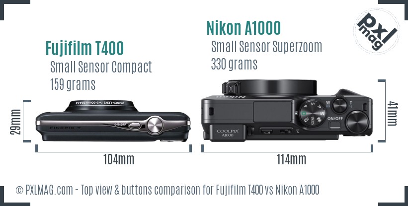 Fujifilm T400 vs Nikon A1000 top view buttons comparison