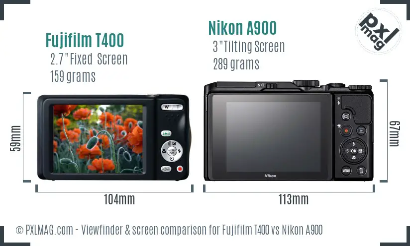 Fujifilm T400 vs Nikon A900 Screen and Viewfinder comparison