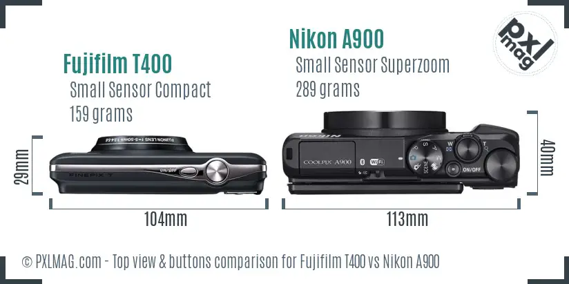 Fujifilm T400 vs Nikon A900 top view buttons comparison