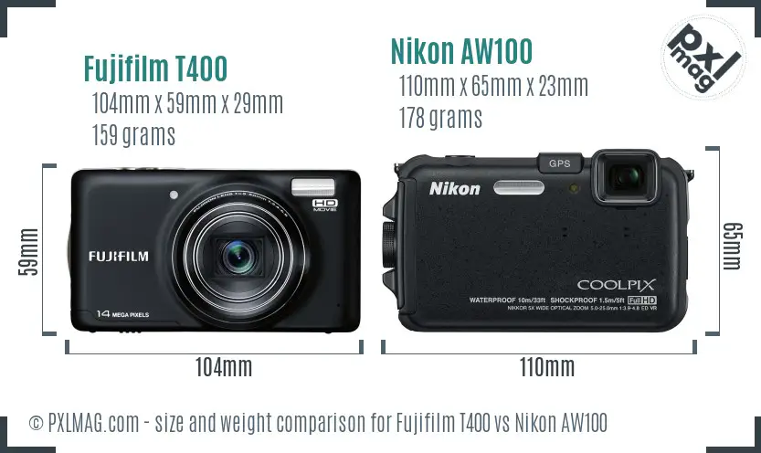 Fujifilm T400 vs Nikon AW100 size comparison
