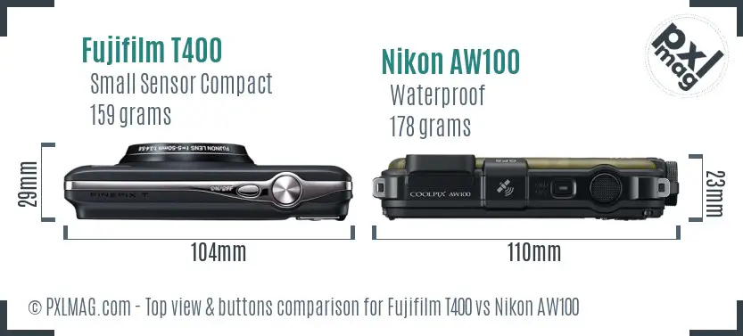 Fujifilm T400 vs Nikon AW100 top view buttons comparison
