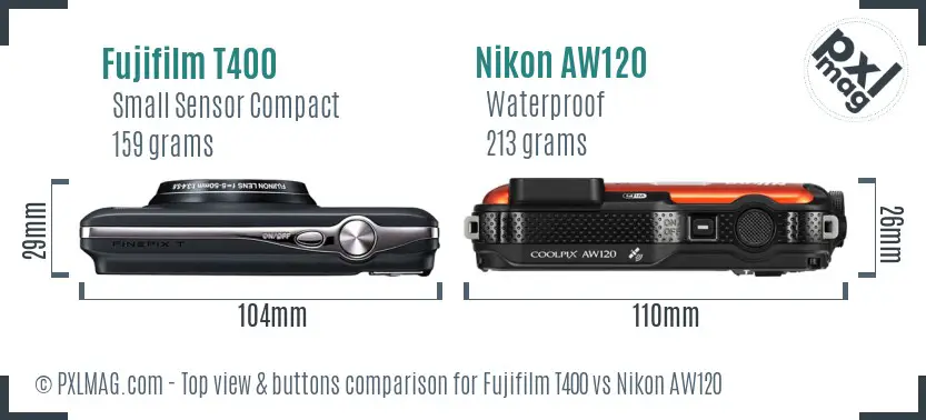 Fujifilm T400 vs Nikon AW120 top view buttons comparison