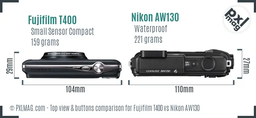 Fujifilm T400 vs Nikon AW130 top view buttons comparison