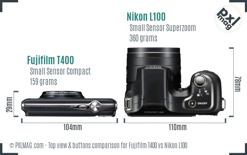 Fujifilm T400 vs Nikon L100 top view buttons comparison