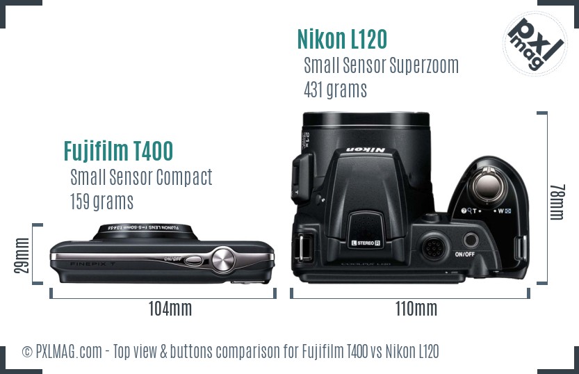 Fujifilm T400 vs Nikon L120 top view buttons comparison