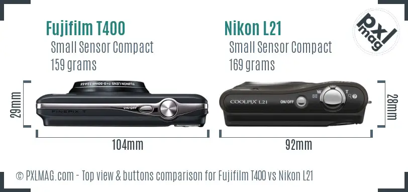 Fujifilm T400 vs Nikon L21 top view buttons comparison