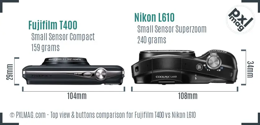 Fujifilm T400 vs Nikon L610 top view buttons comparison