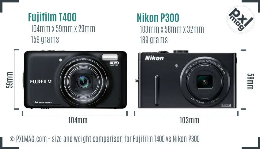 Fujifilm T400 vs Nikon P300 size comparison