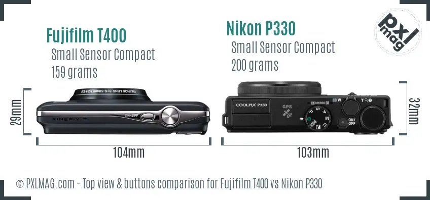 Fujifilm T400 vs Nikon P330 top view buttons comparison Fujifilm T400 vs Nikon P330 top view buttons comparison