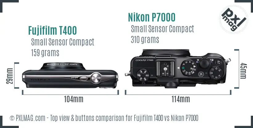 Fujifilm T400 vs Nikon P7000 top view buttons comparison