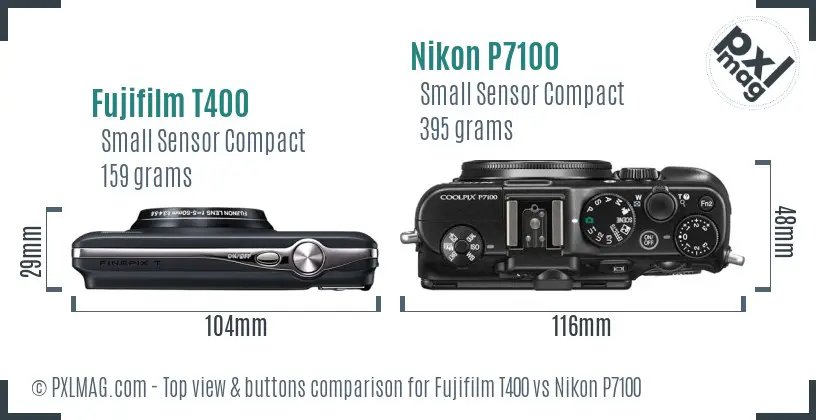 Fujifilm T400 vs Nikon P7100 top view buttons comparison Fujifilm T400 vs Nikon P7100 top view buttons comparison